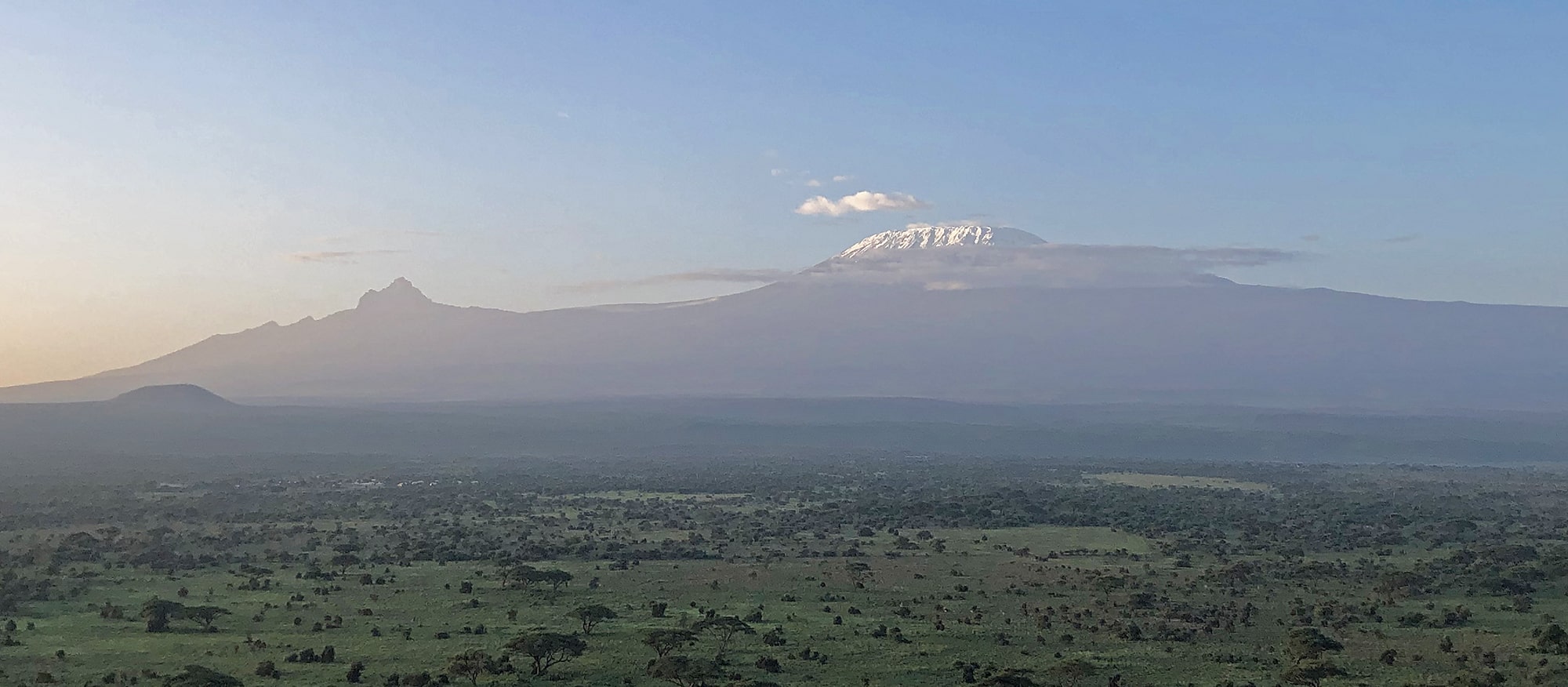 Image of a clear view of Mount Kilimanjaro from the hot air balloon ride with the Kibo and Mawenzi peaks visible